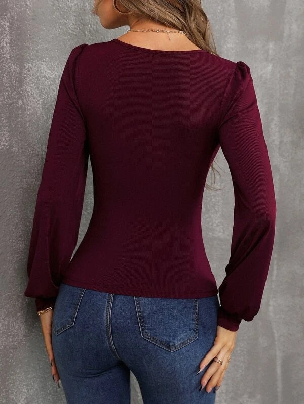 Elegant Solid Long Sleeve Deep Neckline Shirt Blouse