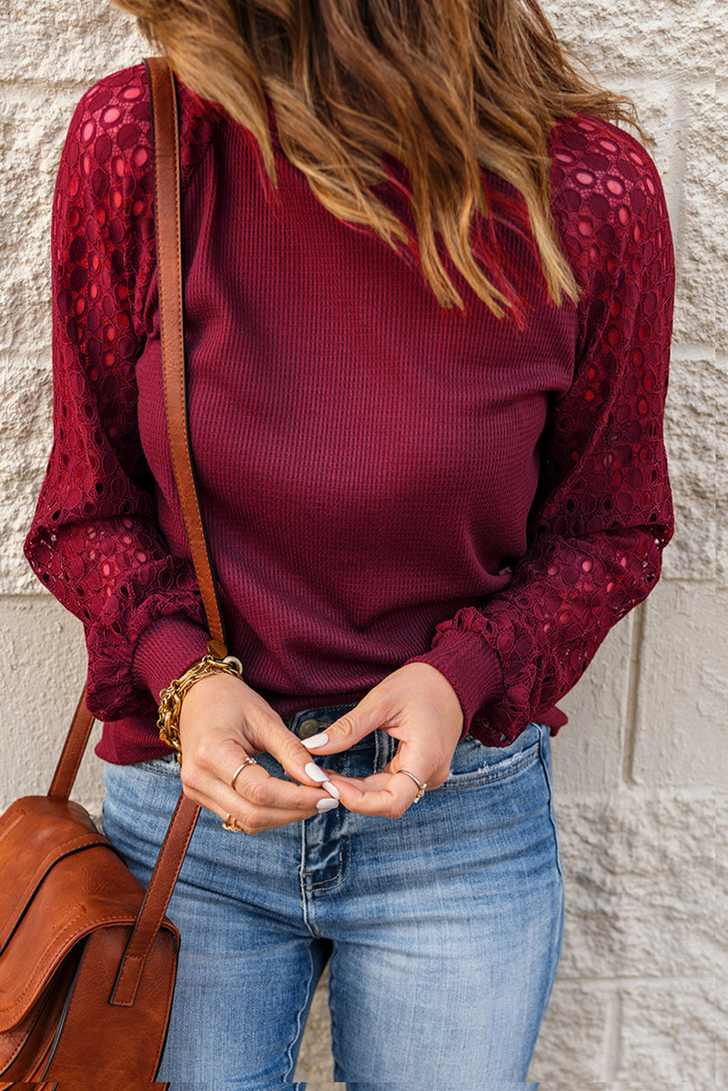 Casual Long Sleeve O-Neck Lace Sweatshirt Blouse