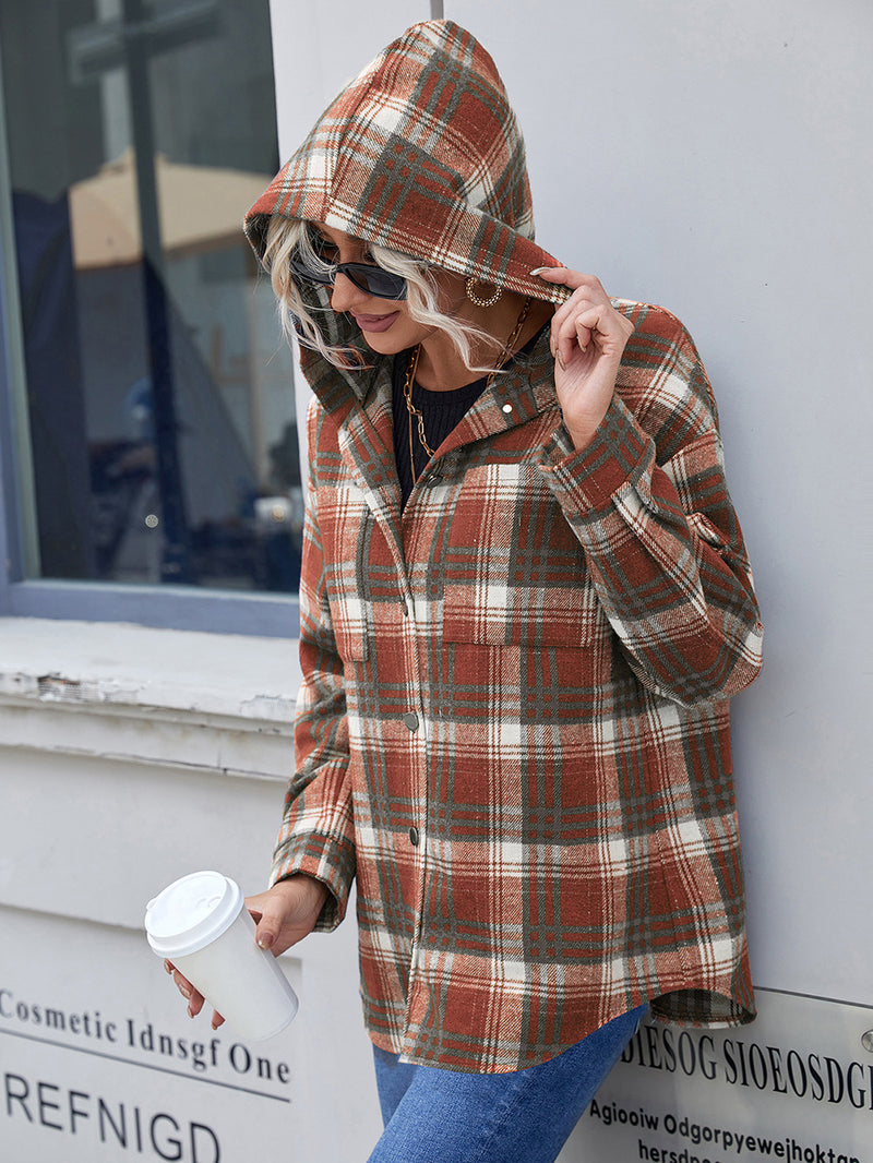 Plaid Collar Buton Down Long Sleeve Hoodie Shirt