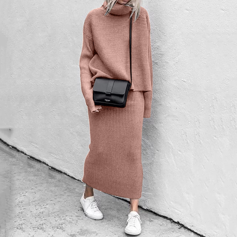 Two Piece Outfit Solid Long Sleeve Turtleneck Knit Jumper and Bodycon Midi Skirt Set