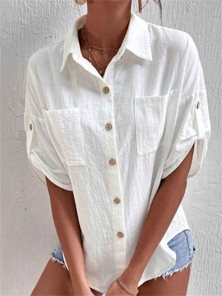 Short Sleeve Collar Buton Down Solid Shirt Top