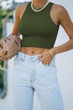 Sexy O-Neck Sleeveless Solid Color Crop Top