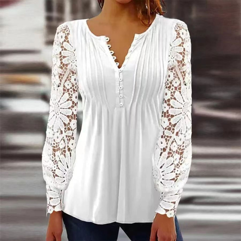 Elegant V-Neck Long Sleeve Lace Floral Print Loose Blouse