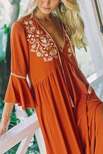 Embroidery Flares Sleeve Maxi Dress