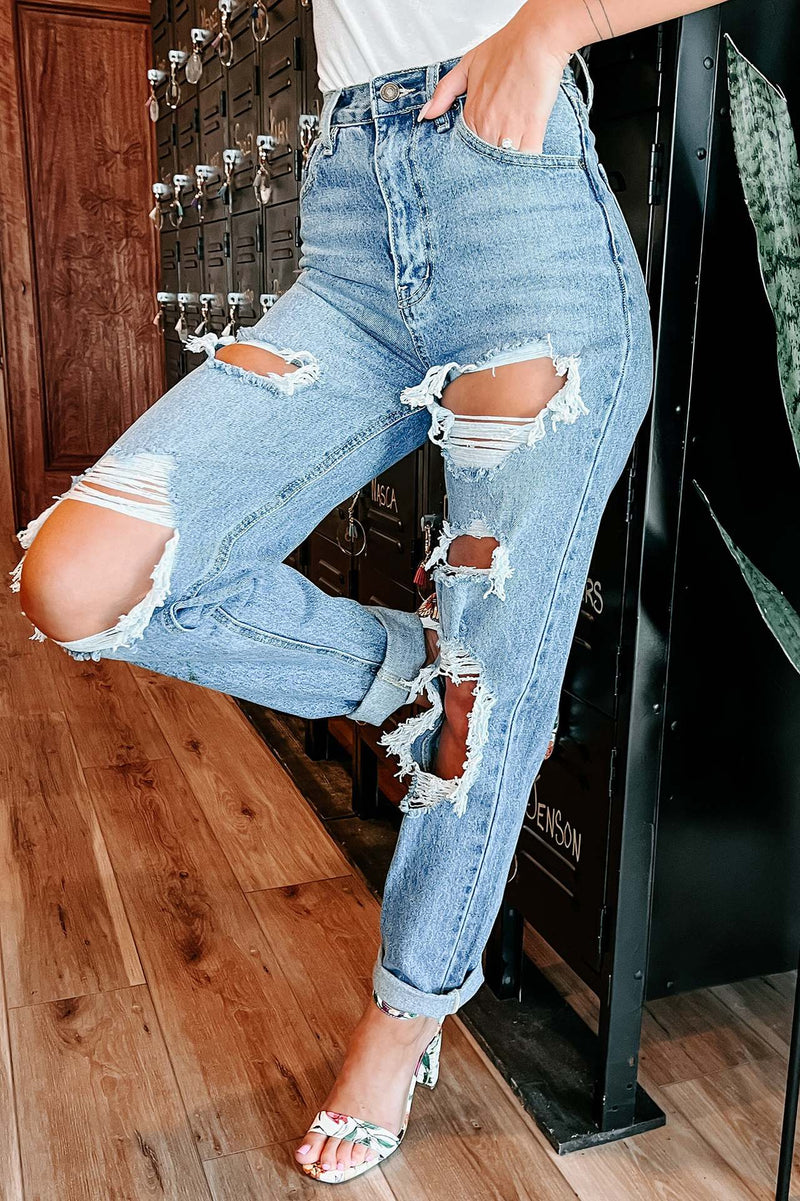 Casual High Waisted Destroyed Pocketed Denim Pants