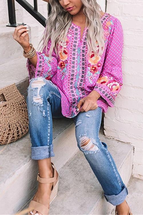 Boho Print Logn Sleeve Loose Blouse