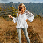 Loose Button Down Lace Sleeve V Neck Blouse Top