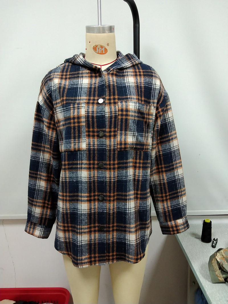 Plaid Collar Buton Down Long Sleeve Hoodie Shirt