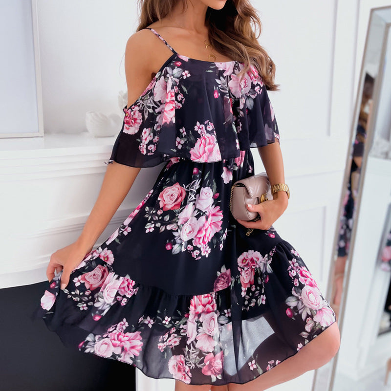 Floral Off Shoulder Spaghetti Strap Mini Dress