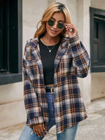 Plaid Collar Buton Down Long Sleeve Hoodie Shirt