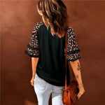 Leopard Sleeve Round Neck Classic Blouse Top
