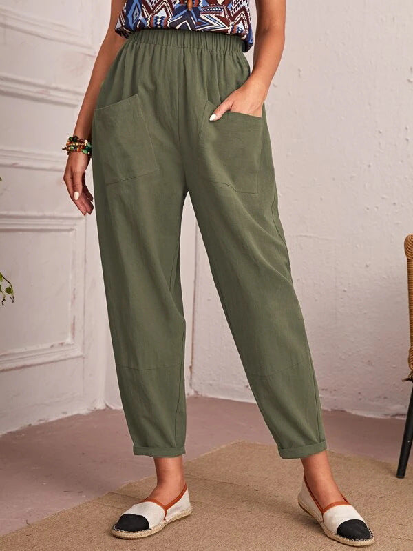 Elegant High Waist Pocketed Solid Color Loose Pants