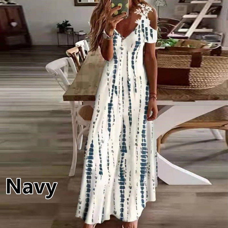 Elegant V-Neck Off Shoulder Short Sleeve Printed Maxi Dress