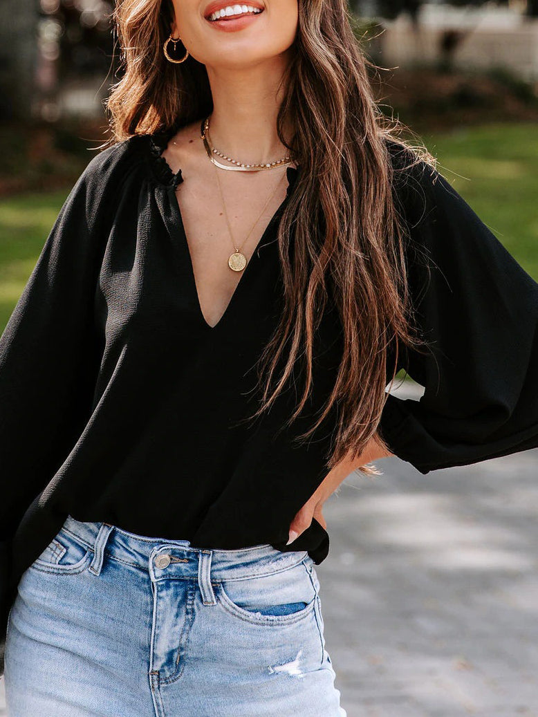 Deep V Neck Wide Long Sleeve Blouse Top