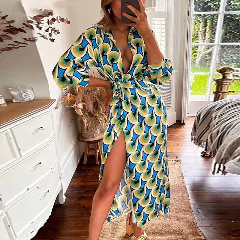 Casual Deep V Neck Long Sleeve SIde Split Maxi Dress