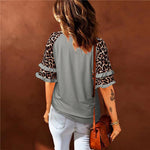 Leopard Sleeve Round Neck Classic Blouse Top
