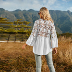 Loose Button Down Lace Sleeve V Neck Blouse Top