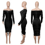 Deep V-Neck Drawstring Ruched Velvet Bodycon Midi Dress