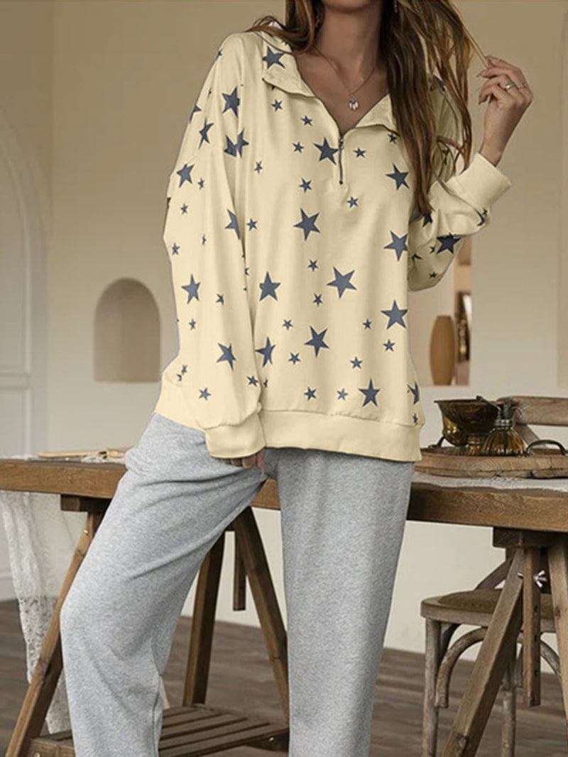 Fashion Turn-Down Collar Star Printed Long Sleeve Loose Blouse Top