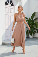 One Knotted Shoulder High Waist Sleeveless Maxi Dress