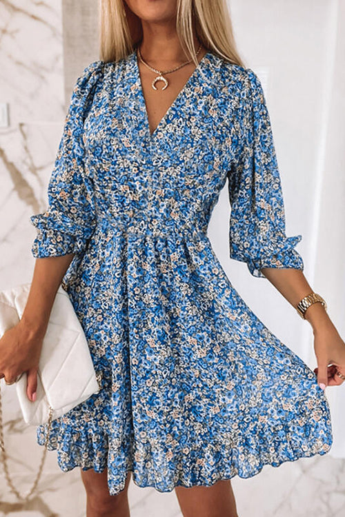 Floral V Neck Elastic Waist Mini Dress