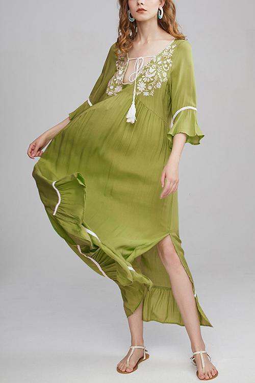 Embroidery Flares Sleeve Maxi Dress