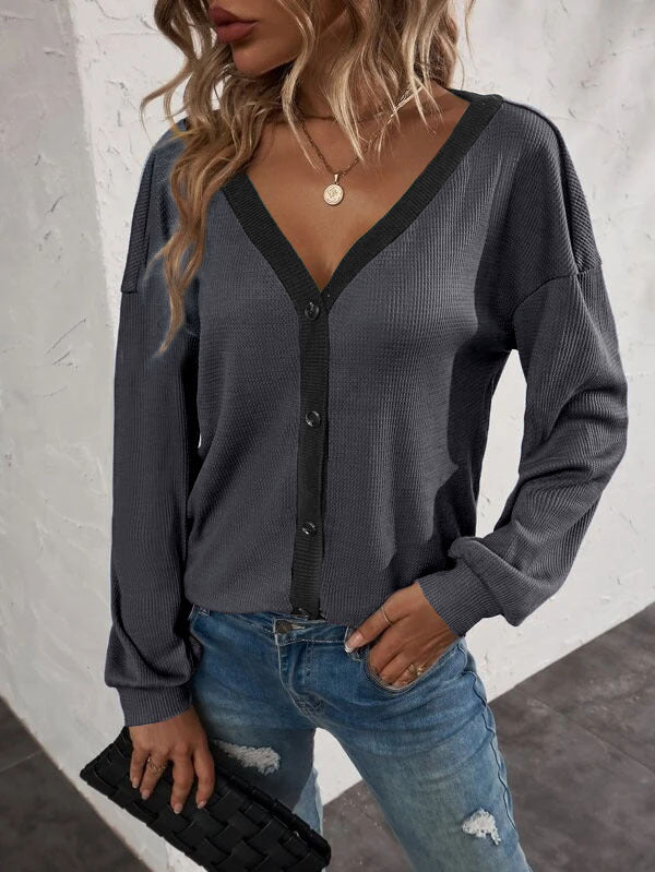 Fashion V-Neck Long Sleeve Button Sweater Top