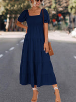 Square Neck Short Sleeve Solid Flared Maxi Dress