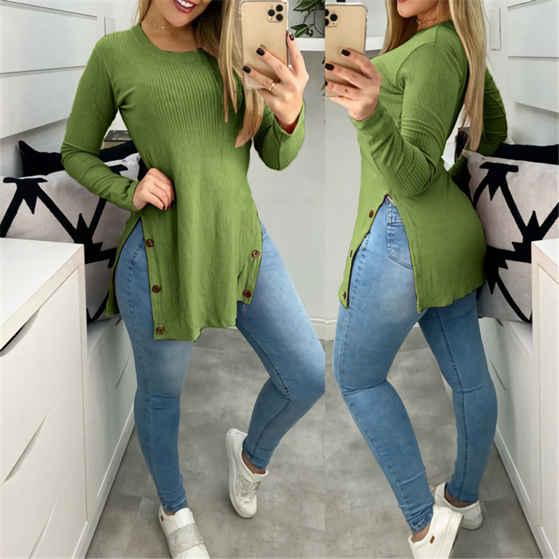 Casual Long Sleeve O-Neck Side Slit Blouse Top