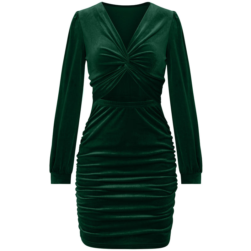 Deep V-Neck Long Sleeve Cut Out Twist Front Mini Dress