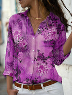 V-Neck Long Sleeve Printed Button Down Shirt