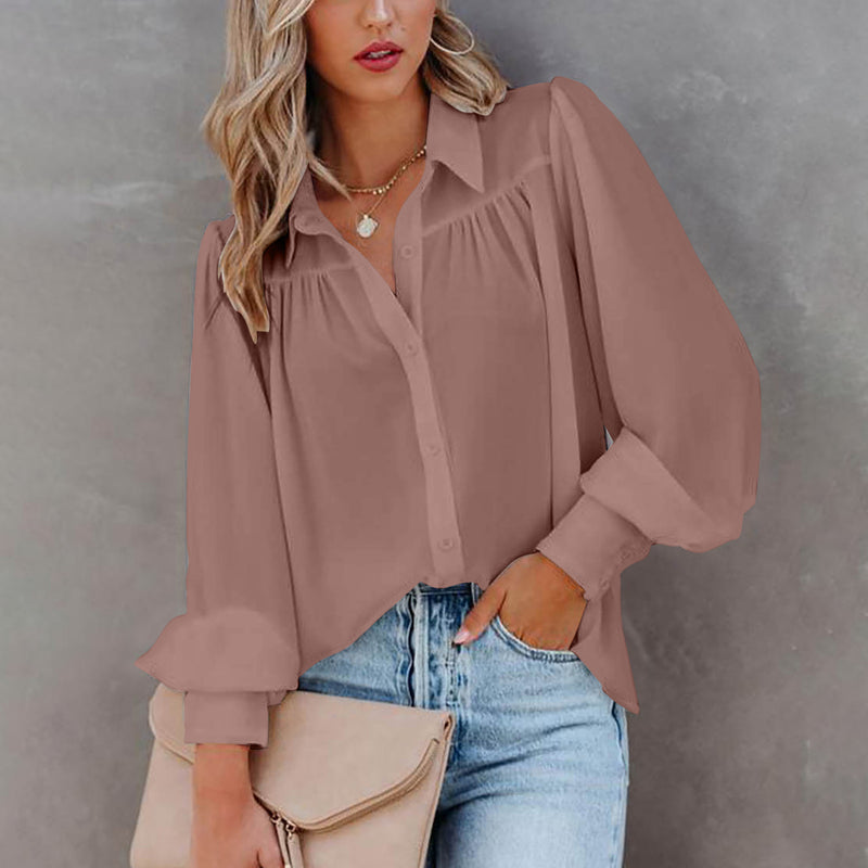 Casual V Neck Wide Long Sleeve Blouse