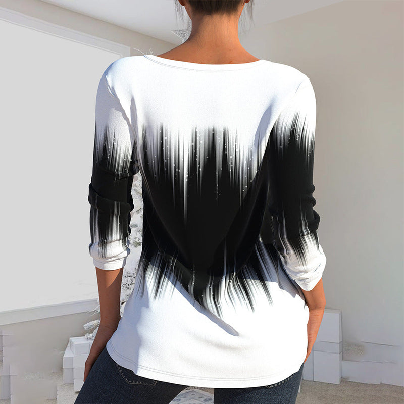 Round Neck Long Sleeve Printed Loose Top Blouse