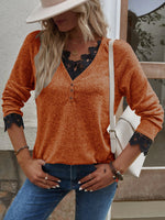 Button Up Long Sleeve V Lace Neck Pullor Top