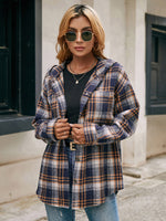 Plaid Collar Buton Down Long Sleeve Hoodie Shirt