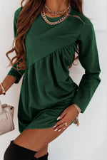 Fashion Long Sleeve Solid Colour O-Neck Mini Dress