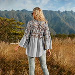 Button Down Lace Long Sleeve V Neck Blouse Loose Top