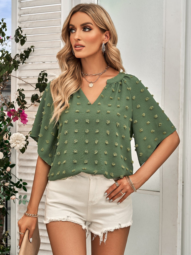 Casual V-Neck Short Sleeve Solid Blouse Top