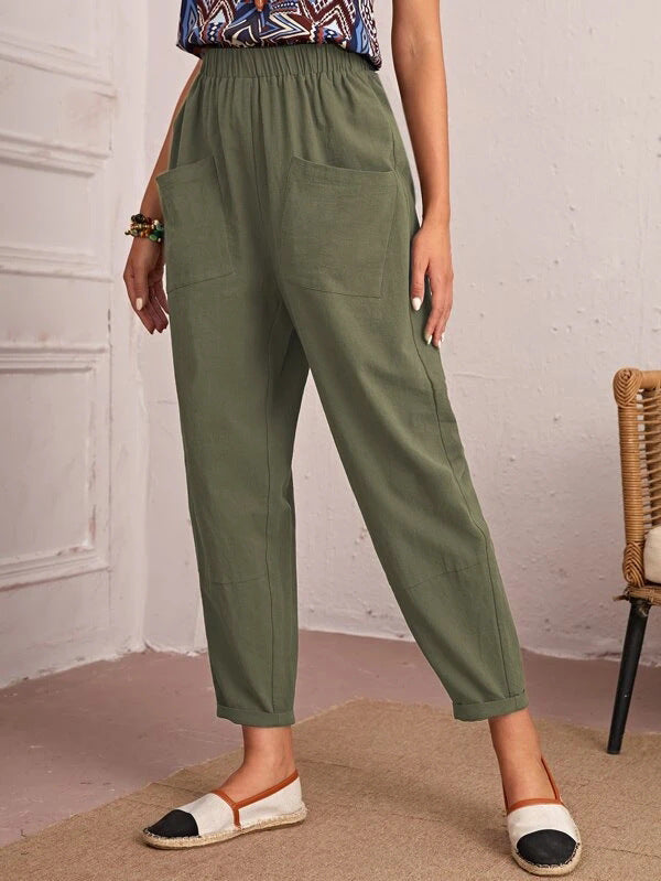 Elegant High Waist Pocketed Solid Color Loose Pants