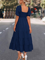 Square Neck Short Sleeve Solid Flared Maxi Dress