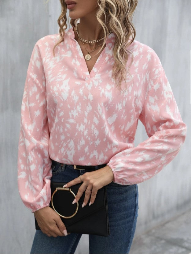 Elegant V-Neck Printed Long Sleeve Shirt