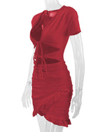 Deep V-Neck Cut Out Short Sleeve Solid Color Mini Dress