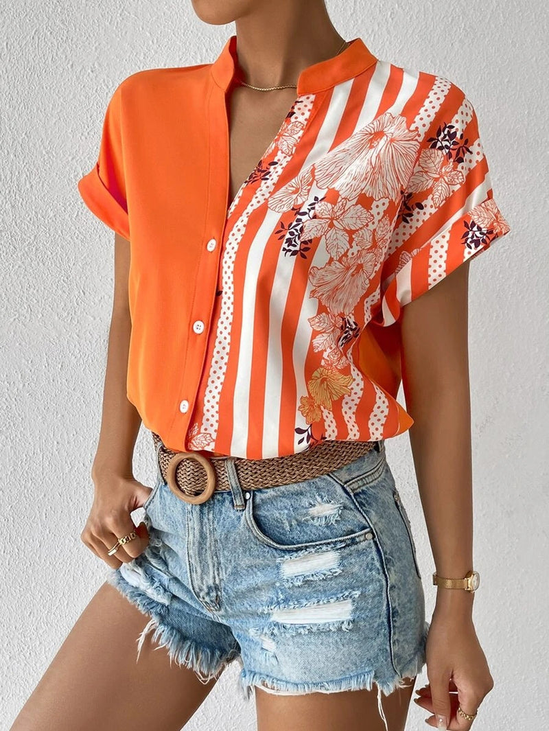 Fashion V-Neck Printed Short Sleeve Buttoned Shirt