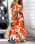 Elegant Off Shoulder Short Sleeve Printed Maxi Dress