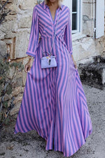 Stripe Long Sleeve Button Maxi Shirt Dress