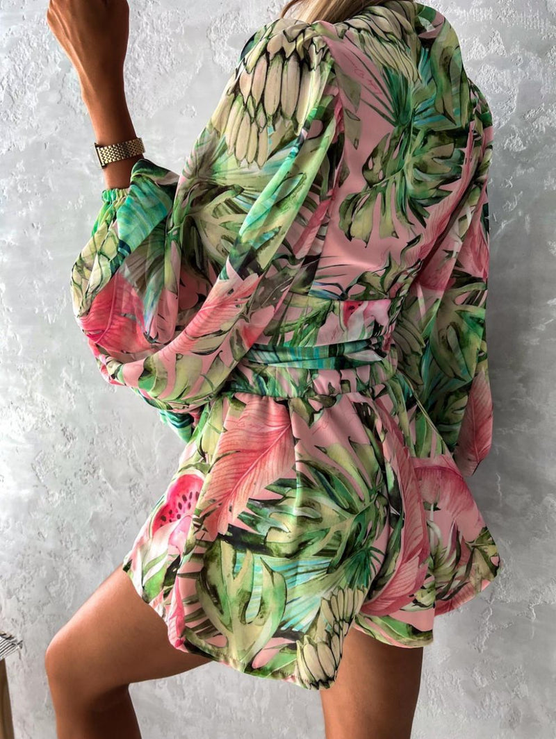 Stylish Wide Sleeve Deep V Neck Tie Waist Floral Mini Dress