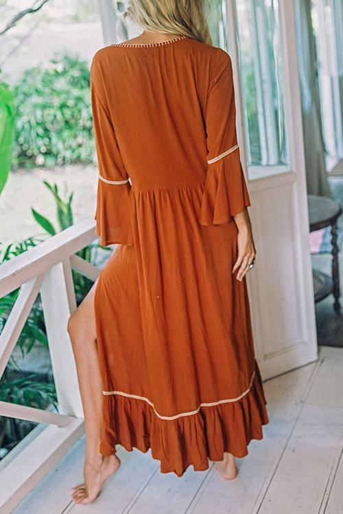 Embroidery Flares Sleeve Maxi Dress