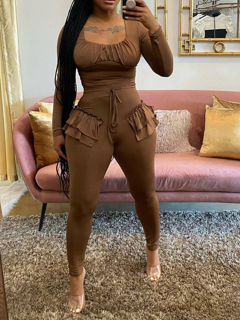 Two Piece Long Sleeve Tight Top and Ruffle High Waist Pant Set