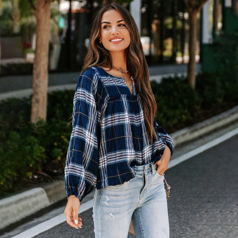 Casual Long Sleeve Scoop Neck Striped Blouse Top