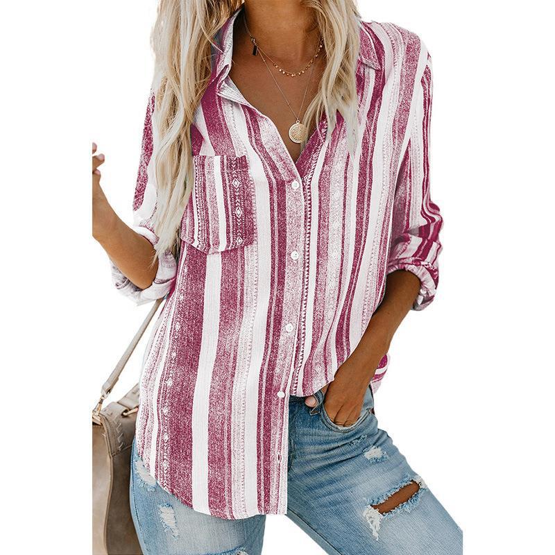 Casual V-Neck Long Sleeve Buttoned Striped Shirt
